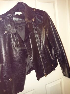 Topshop Black Croc-Embossed Faux Leather Biker Jacket Sz 8